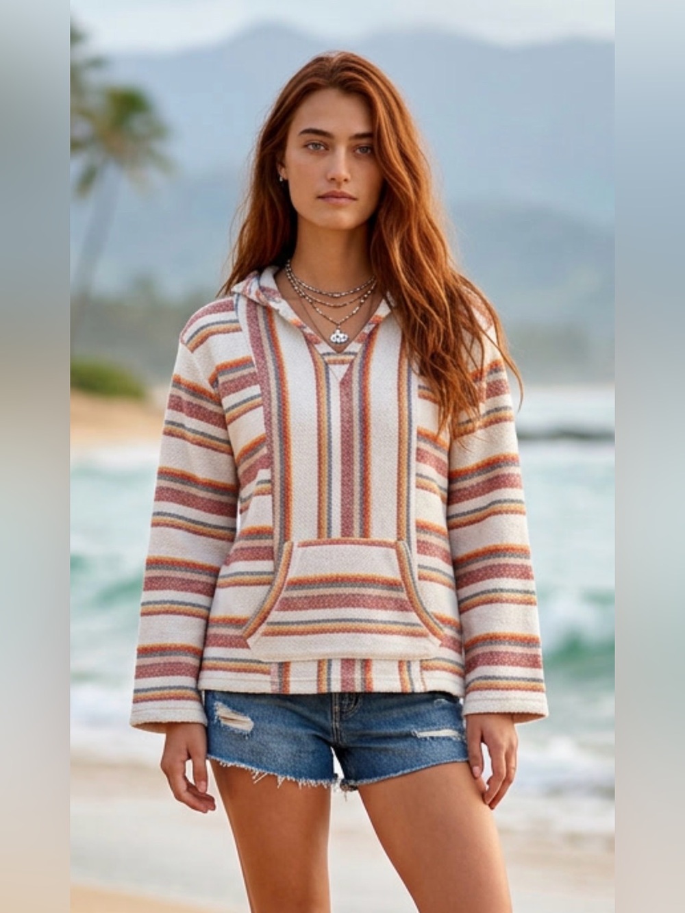 Roxy Striped Cowl Neck Sweater Cream, Pink,Yellow,Green Girls Size Large